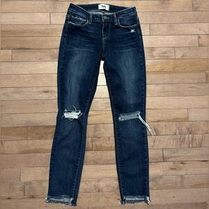 PAIGE Dedee Distressed Dark Blue Wash Verdugo Fringed Skinny Ankle Jeans size 24